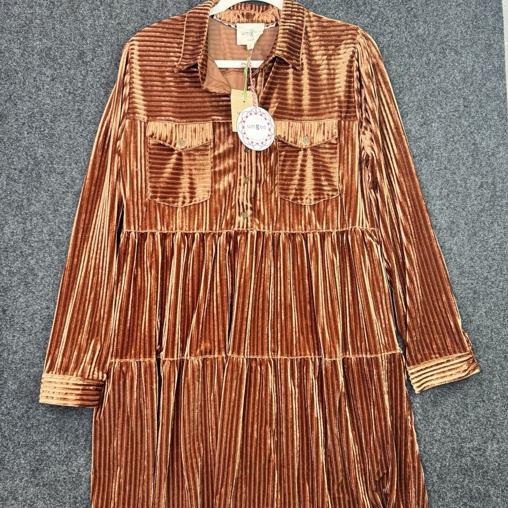 Umgee L Rust Brown Ribbed Velvet Tiered Button Shirt Dress Boho Western NWT